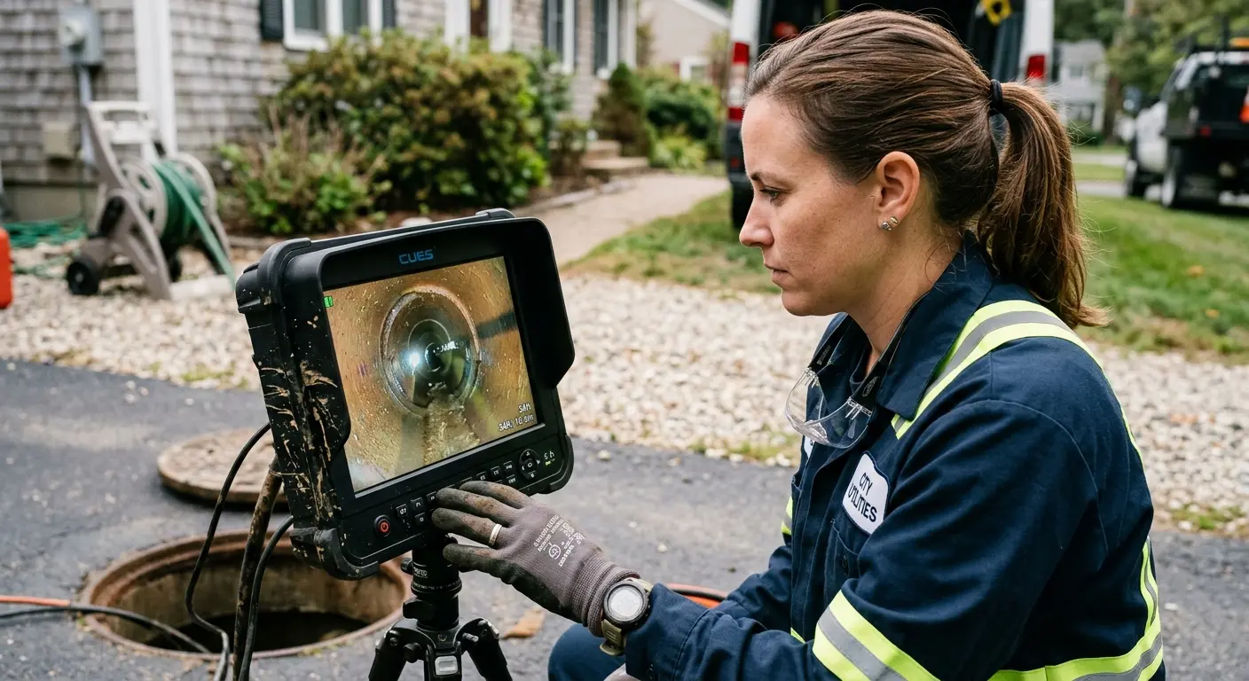 Technician reviewing sewer camera inspection footage in Plainfield