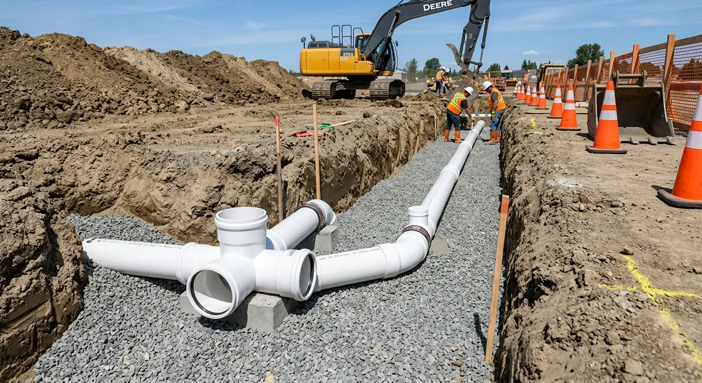 New PVC sewer pipe installation in open trench for Sewer Backup in Plainfield